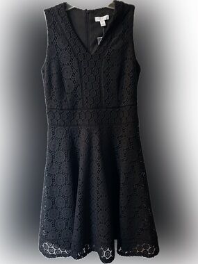 Black V-Neck Crochet Overlay Fit-and-Flare Midi Dress NWT!